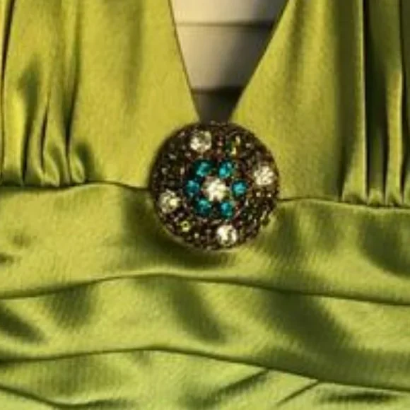 🌎A*B*S by Allen Schwartz || Chartreuse satin halter cocktail dress - Picture 2 of 9